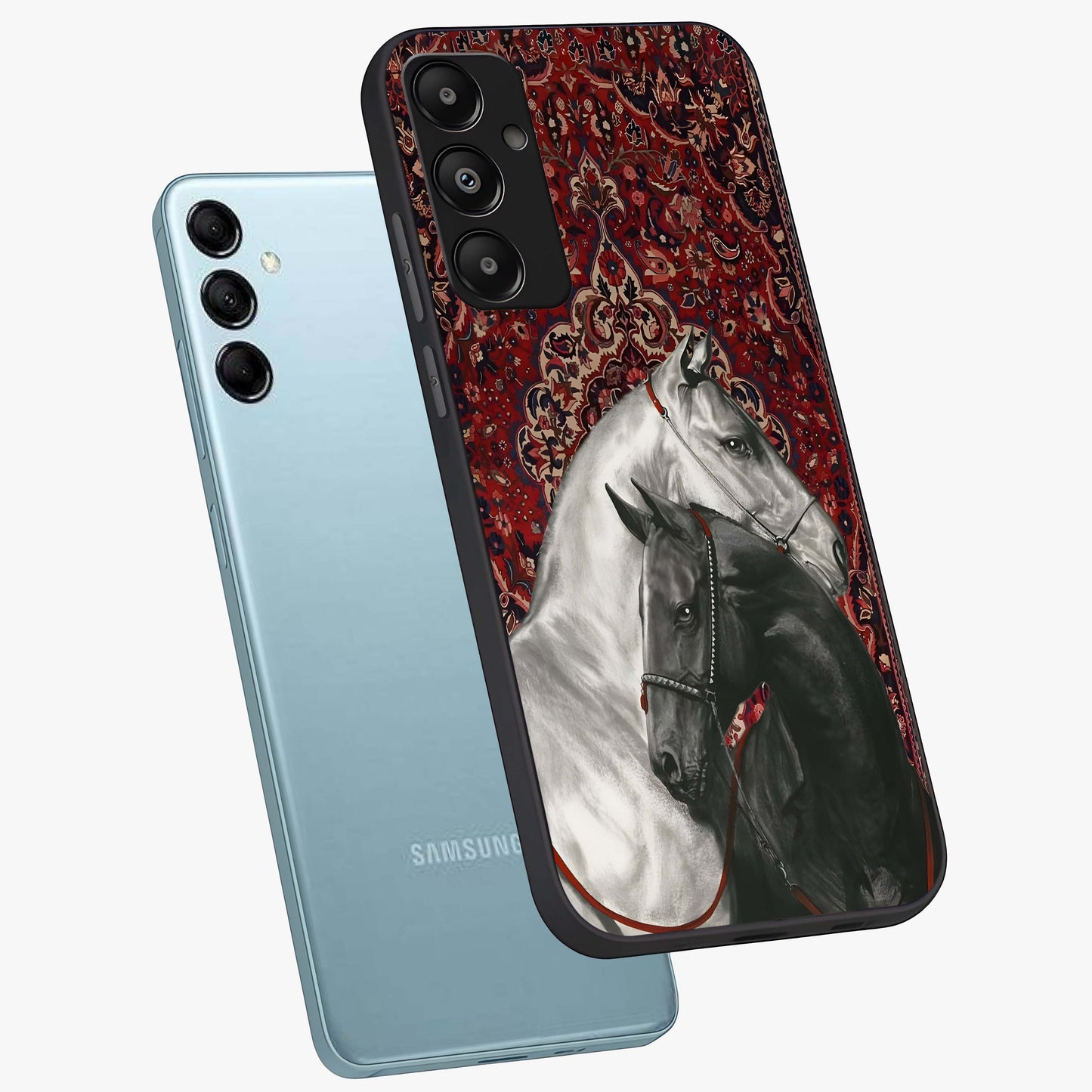 Regal Stallion Tapestry Glass Case displayed in angled mockup highlighting royal stallion design with decorative heritage aesthetic.