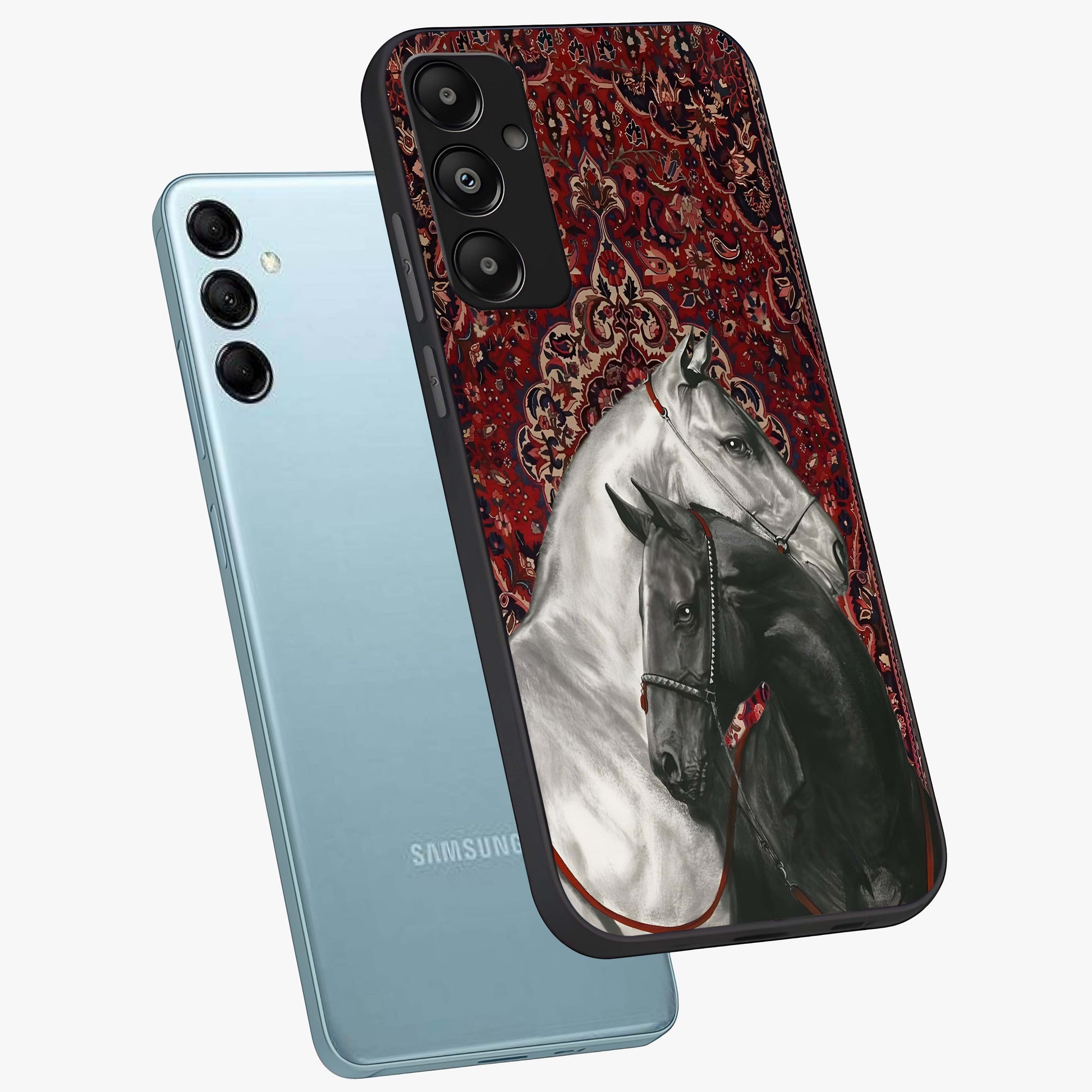 Regal Stallion Tapestry Glass Case displayed in angled mockup highlighting royal stallion design with decorative heritage aesthetic.