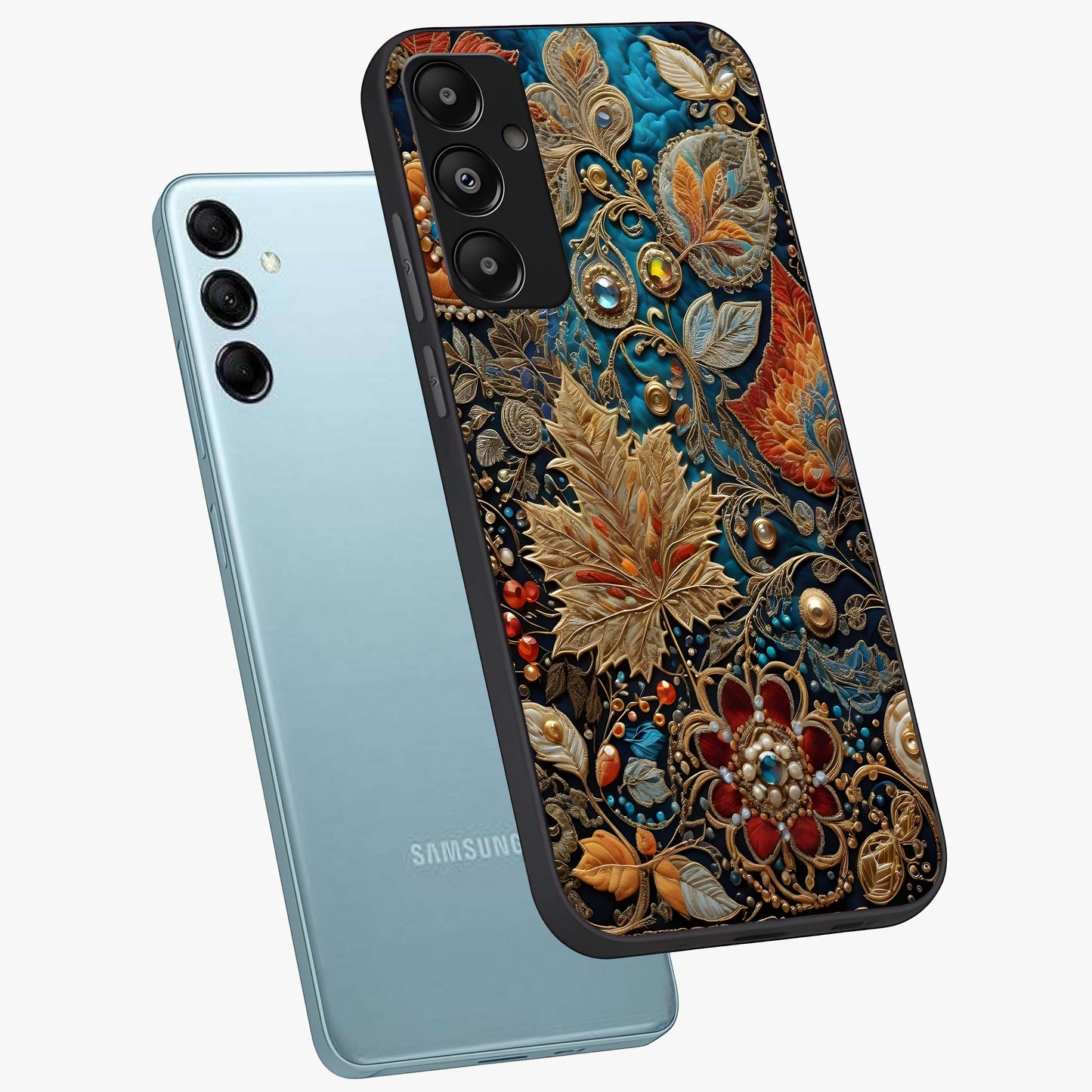 Royal Jewel Garden Glass Case displayed in angled mockup highlighting vibrant jewel inspired floral design with elegant aesthetic.