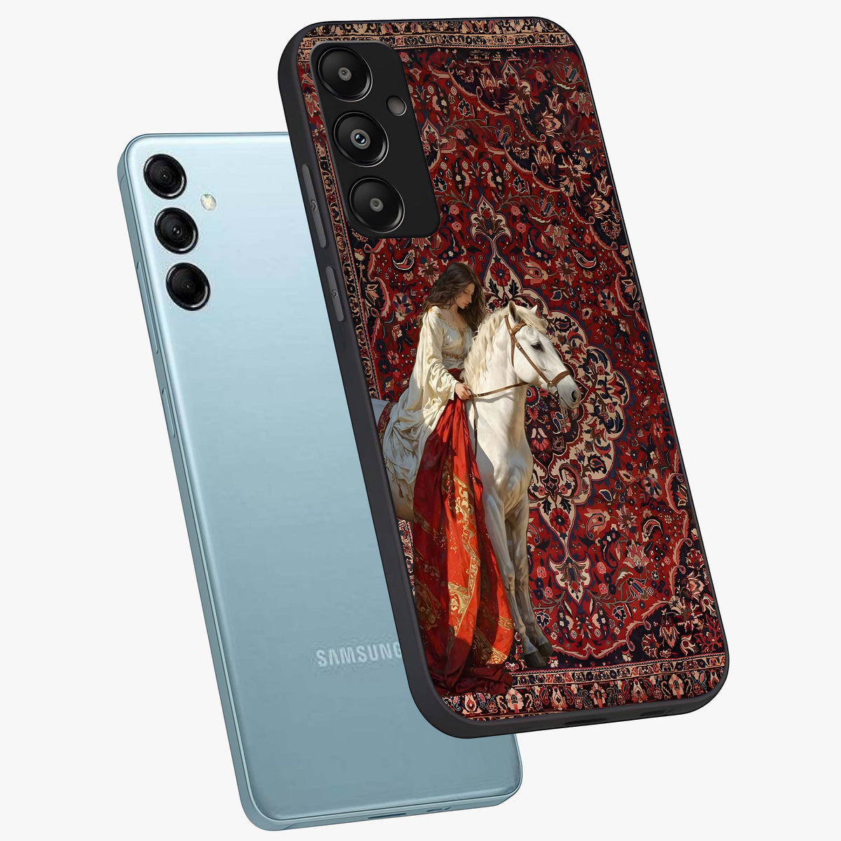 Royal Rider Tapestry Glass Case displayed in angled mockup highlighting traditional tapestry design with royal heritage aesthetic.
