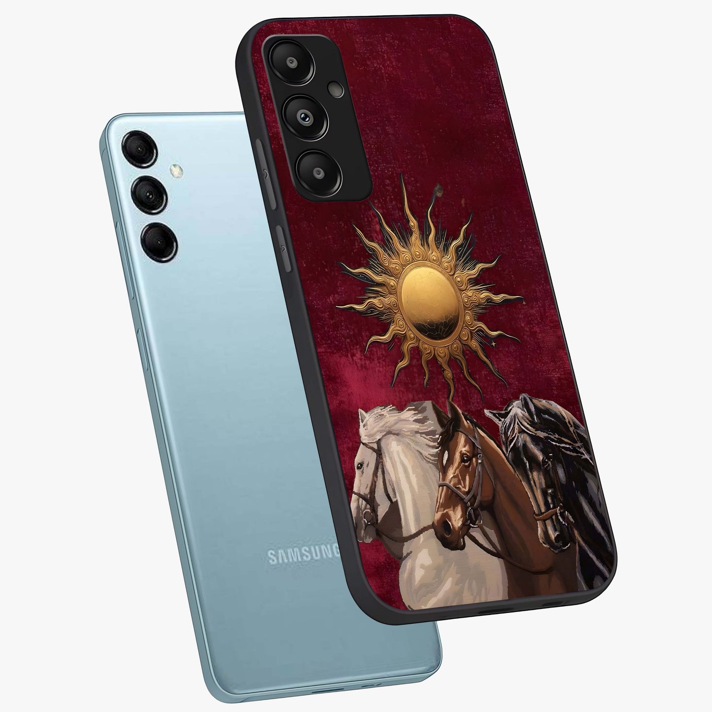 Solar Riders Glass Case displayed in angled mockup highlighting powerful rider illustration with radiant solar aesthetic.