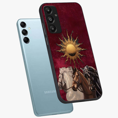 Solar Riders Glass Case displayed in angled mockup highlighting powerful rider illustration with radiant solar aesthetic.