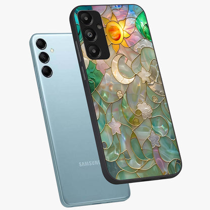 Stained Sunrise Glow Glass Case displayed in angled mockup highlighting radiant sunrise design with artistic aesthetic style.
