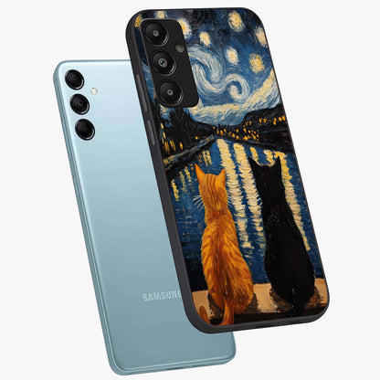 Starry River Cats Glass Case displayed in angled mockup highlighting charming feline illustration with dreamy night aesthetic.