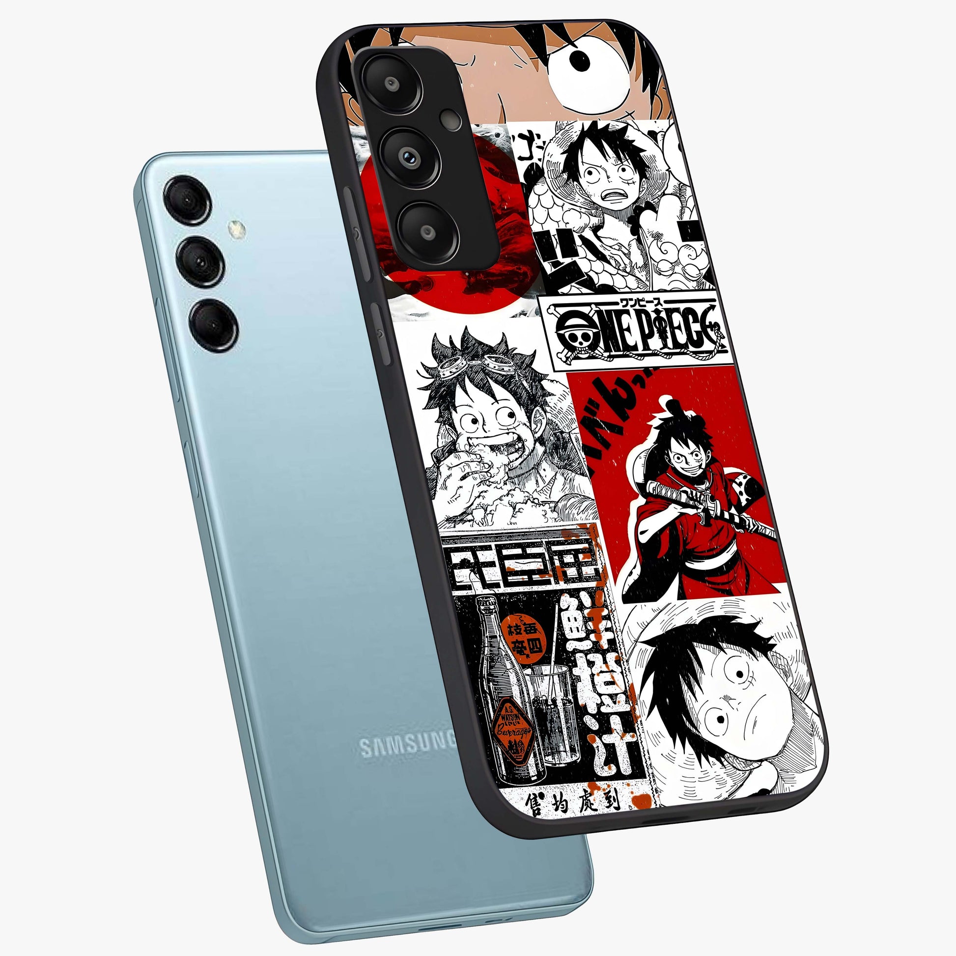 Strawhat Chaos Panels Glass Case displayed in angled mockup highlighting vibrant anime collage design with action aesthetic.