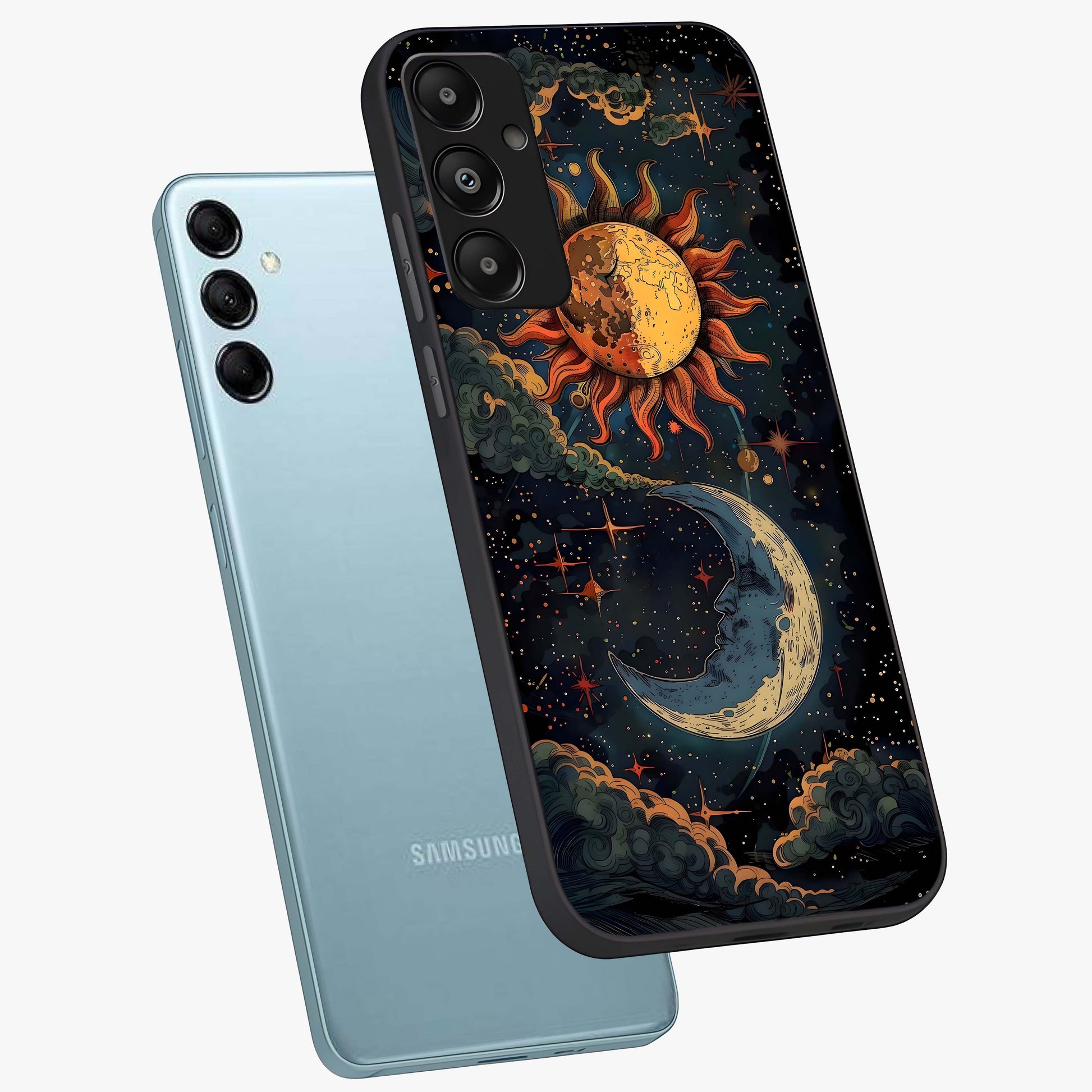 Sun And Moon Magic Design Glass Case displayed in angled mockup highlighting celestial design with magical cosmic aesthetic.