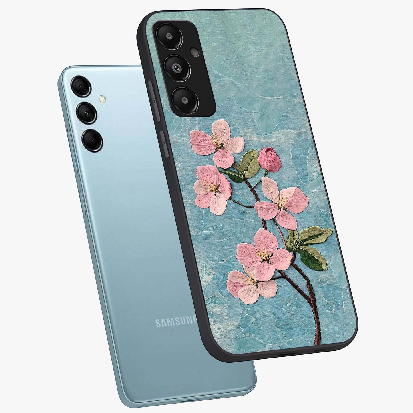Threaded Blossom Breeze Glass Case displayed in angled mockup highlighting elegant floral design with soft aesthetic style.