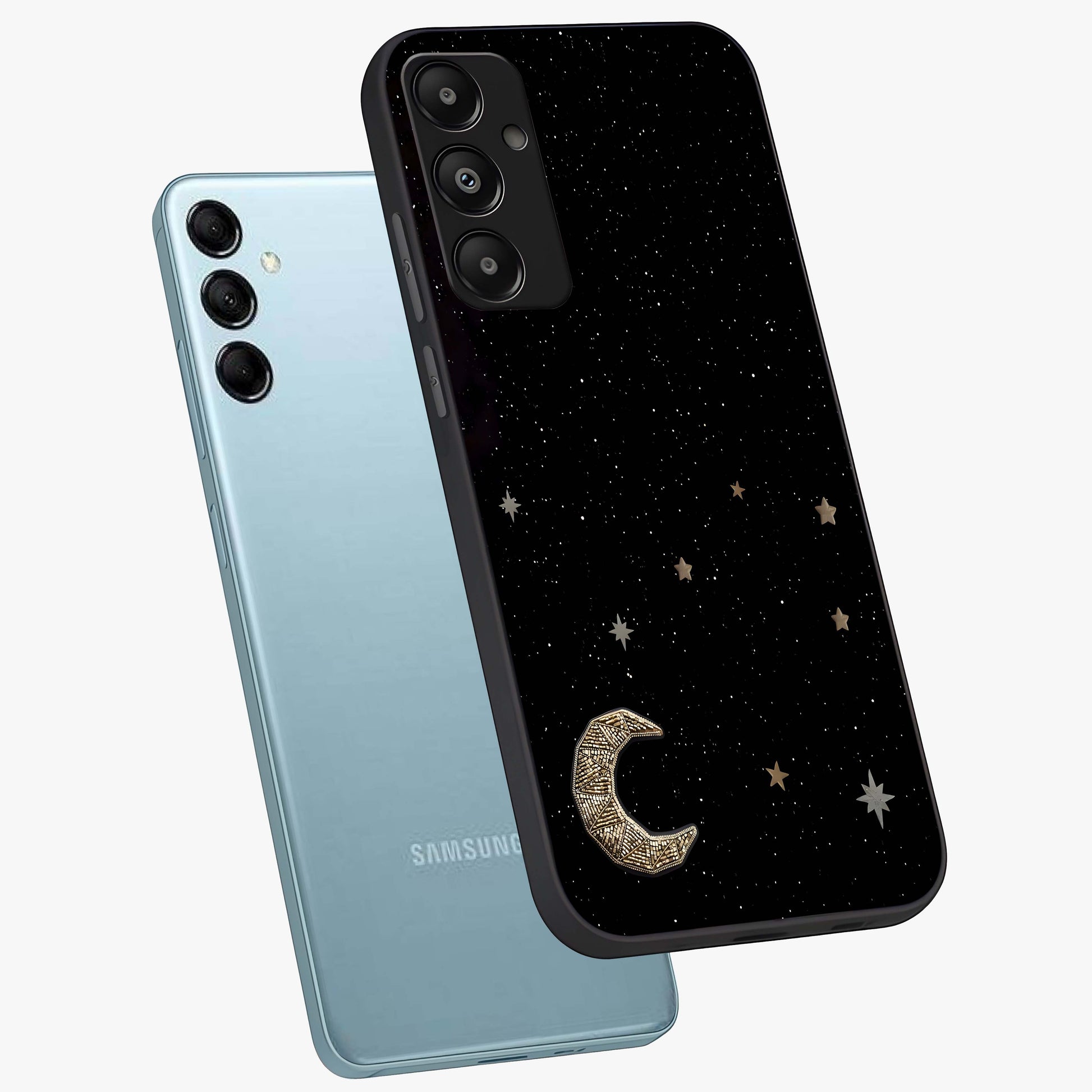 Twinkle Star With Half Moon Glass Case displayed in angled mockup highlighting celestial moon and star design with magical aesthetic.
