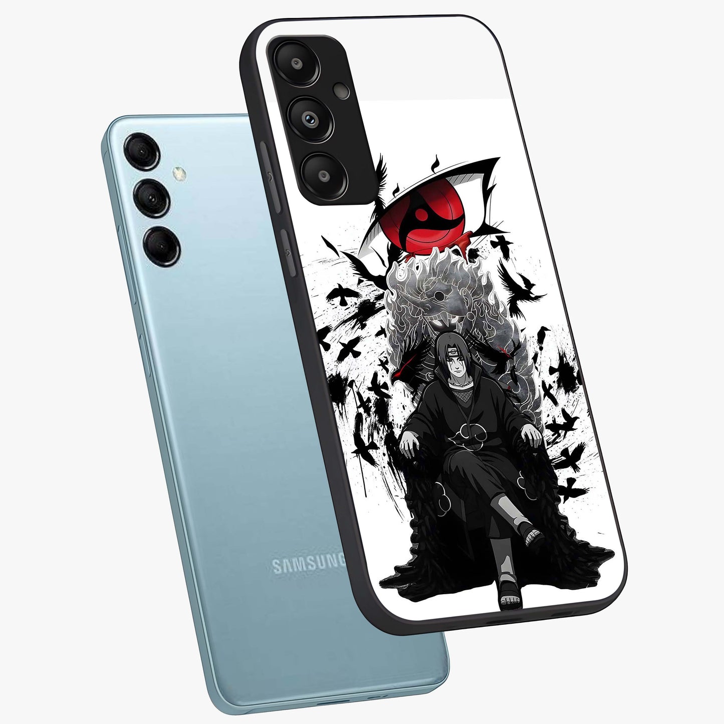 Uchiha Shadow Throne Glass Case displayed in angled mockup highlighting glowing aquatic design with celestial aesthetic.