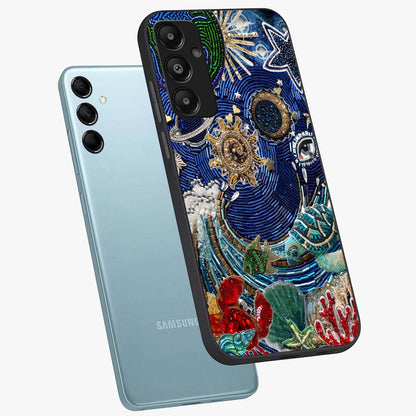 Universe Underwater Spark Glass Case displayed in angled mockup highlighting glowing aquatic design with celestial aesthetic.