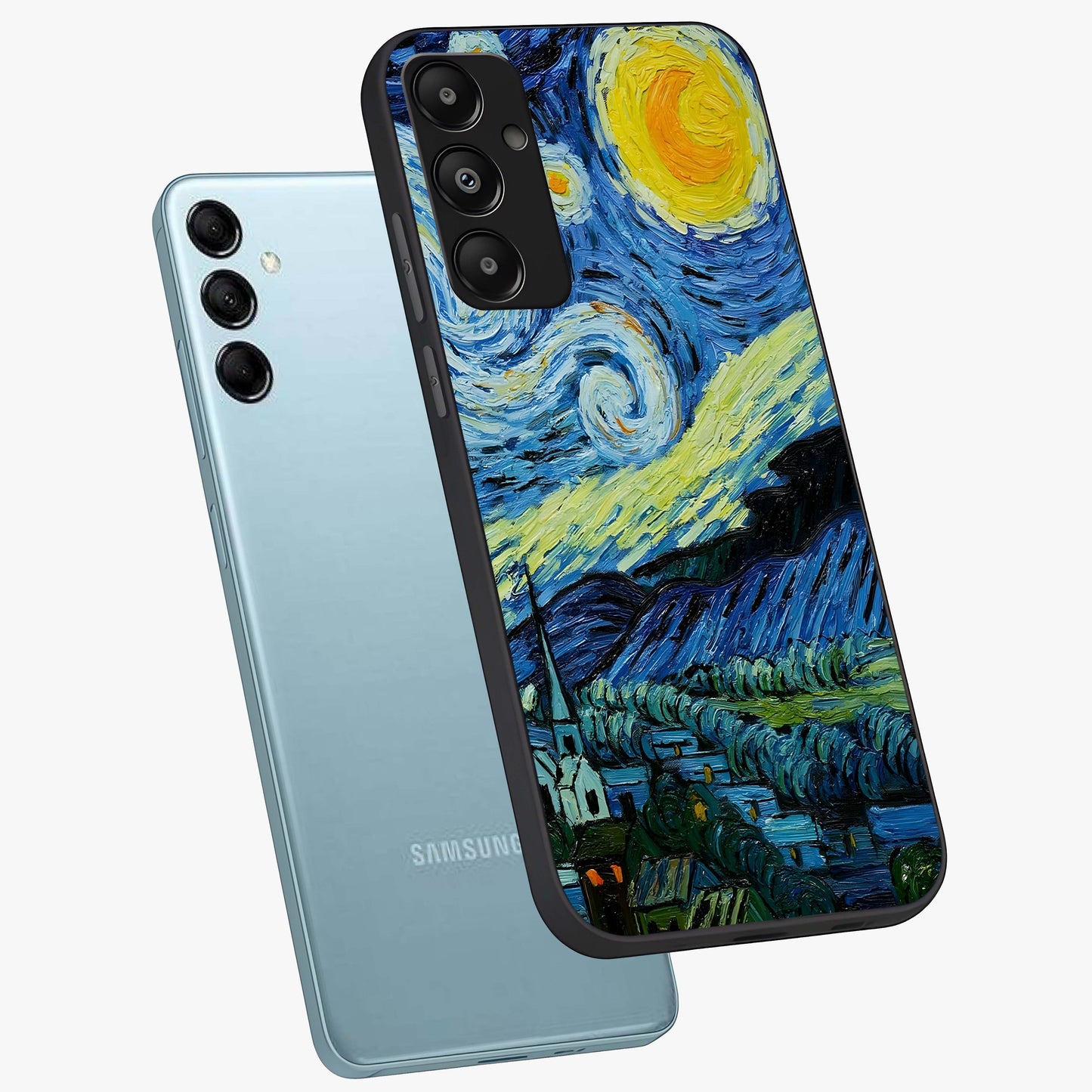 Van Gogh Art Glass Case displayed in angled mockup highlighting swirling brushstroke design with artistic aesthetic.