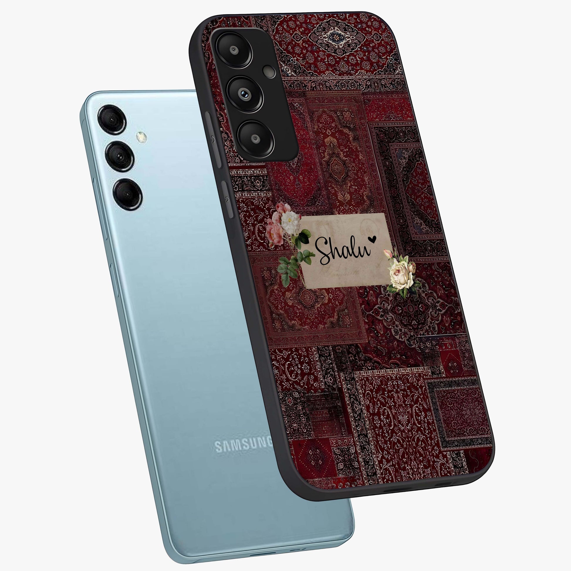 Velvet Wine Pattern Custom Name Glass Case displayed in angled mockup highlighting decorative velvet inspired design with custom name feature.