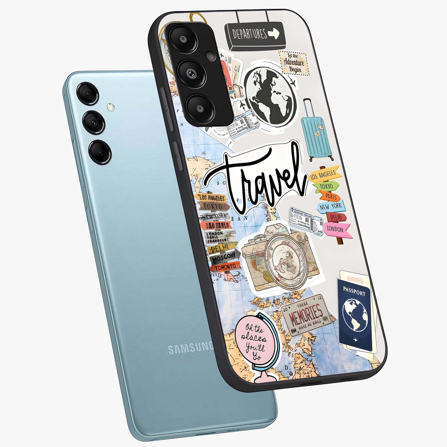 Wanderlust Journal Glass Case displayed in angled mockup highlighting adventure themed design with aesthetic travel vibe.