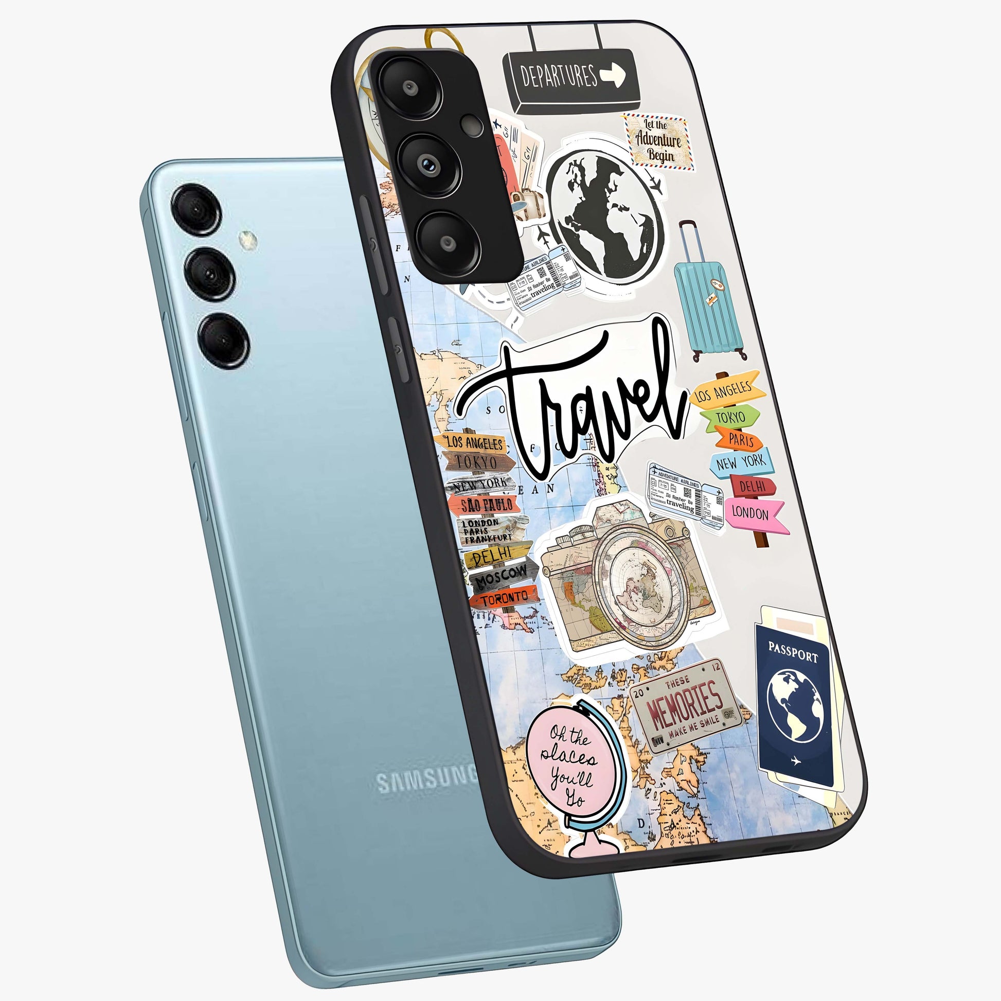 Wanderlust Journal Glass Case displayed in angled mockup highlighting adventure themed design with aesthetic travel vibe.