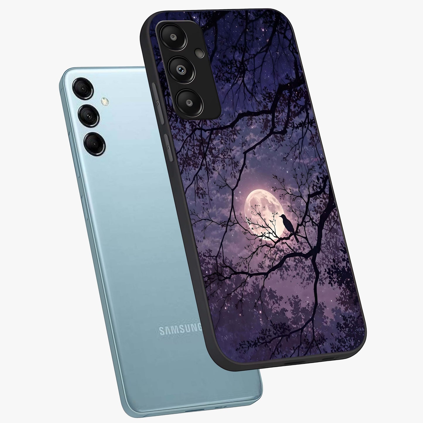 Whispering Moon Silence Glass Case displayed in angled mockup highlighting calm lunar design with dreamy night aesthetic.