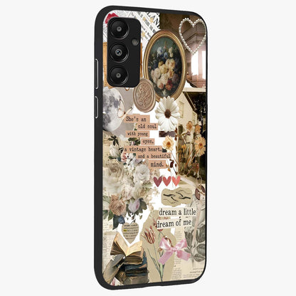 Aesthetic Brown Vintage Collage Glass Case upright view showcasing nostalgic retro artwork with stylish vintage theme.