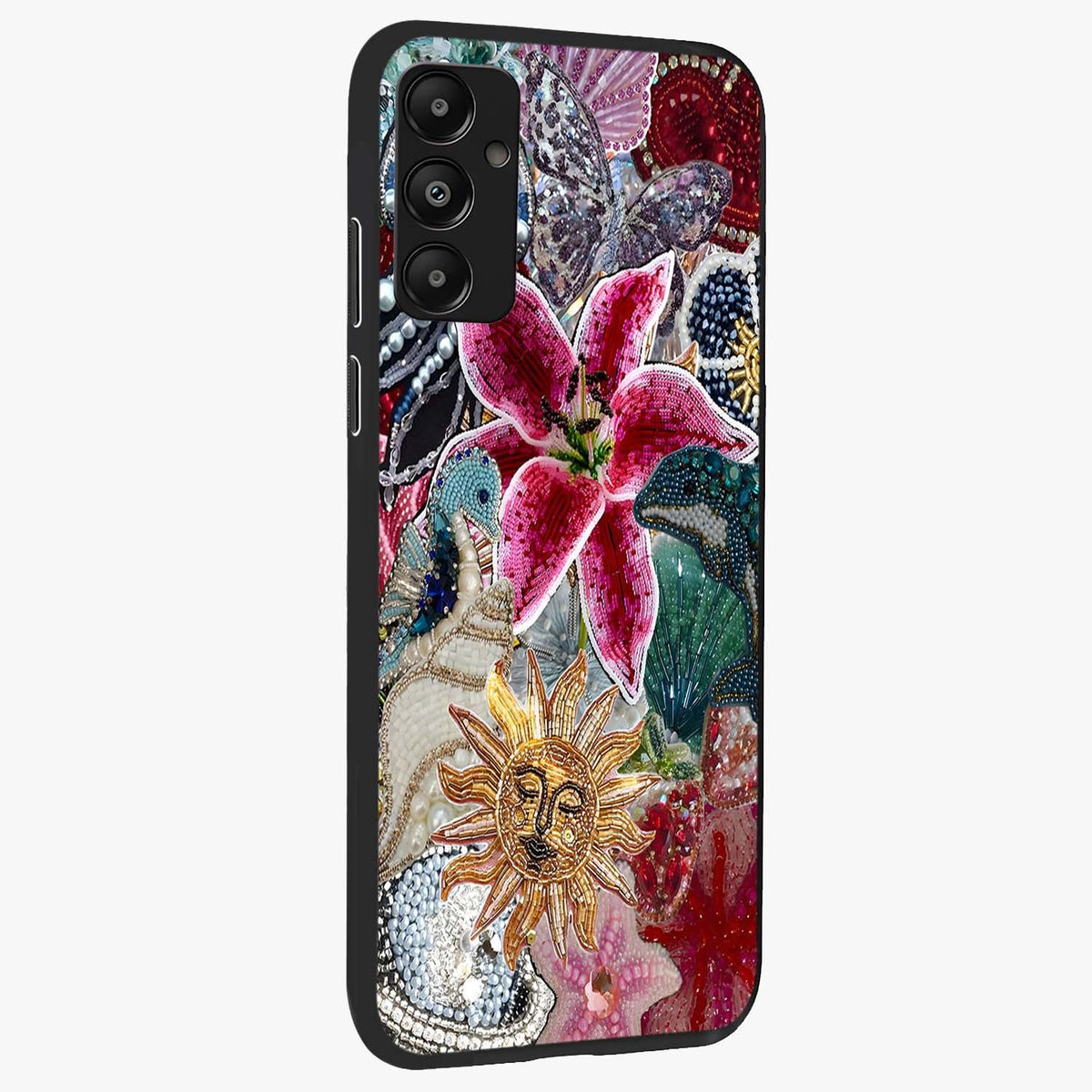 Beaded Garden Fantasy Glass Case upright view showcasing whimsical garden aesthetic with artistic bead details.