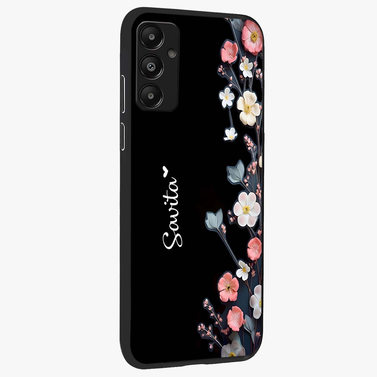 Black Elegance Floral Custom Name Glass Case upright view showcasing luxurious black floral design with personalized name detail.