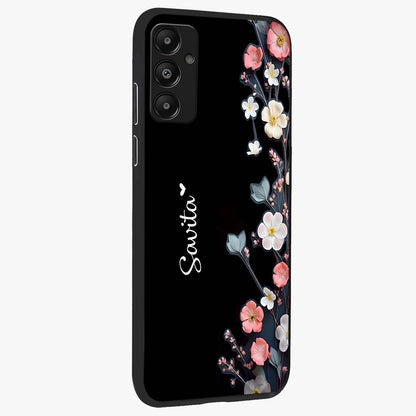Black Elegance Floral Custom Name Glass Case upright view showcasing luxurious black floral design with personalized name detail.