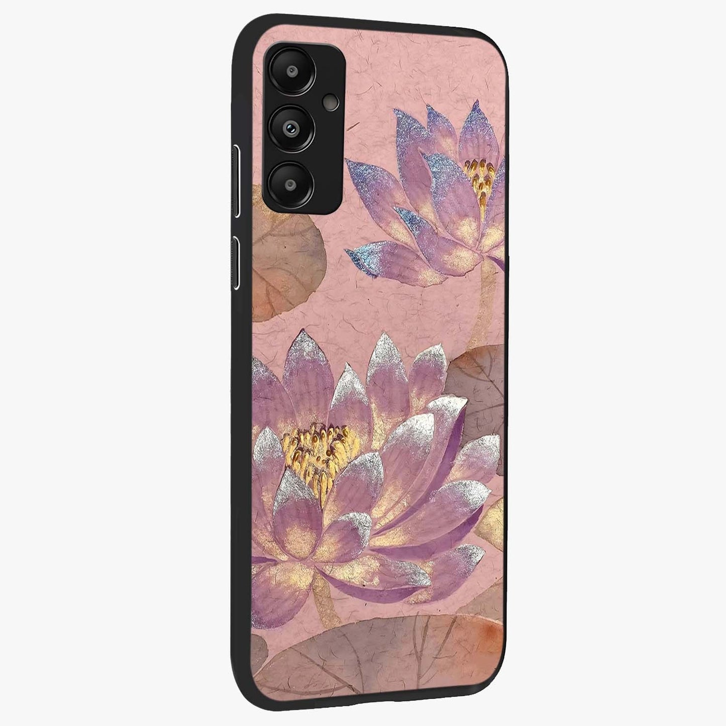Blossom Mist Lotus Glass Case upright view showcasing graceful lotus flower design with peaceful botanical style.
