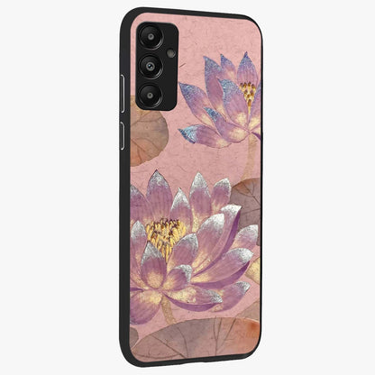 Blossom Mist Lotus Glass Case upright view showcasing graceful lotus flower design with peaceful botanical style.