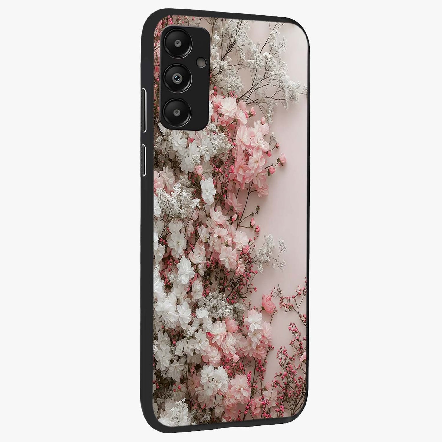 Blush Blossom Cloud Glass Case upright view showcasing calm floral cloud artwork with gentle dreamy theme.