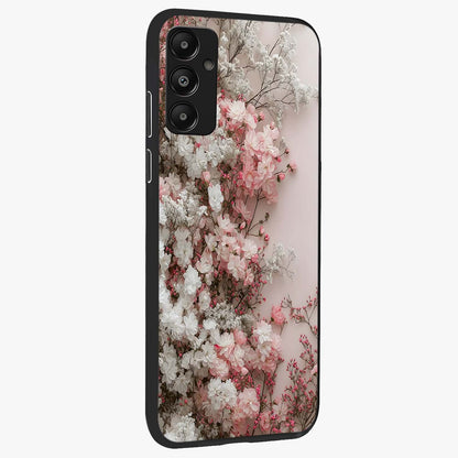 Blush Blossom Cloud Glass Case upright view showcasing calm floral cloud artwork with gentle dreamy theme.