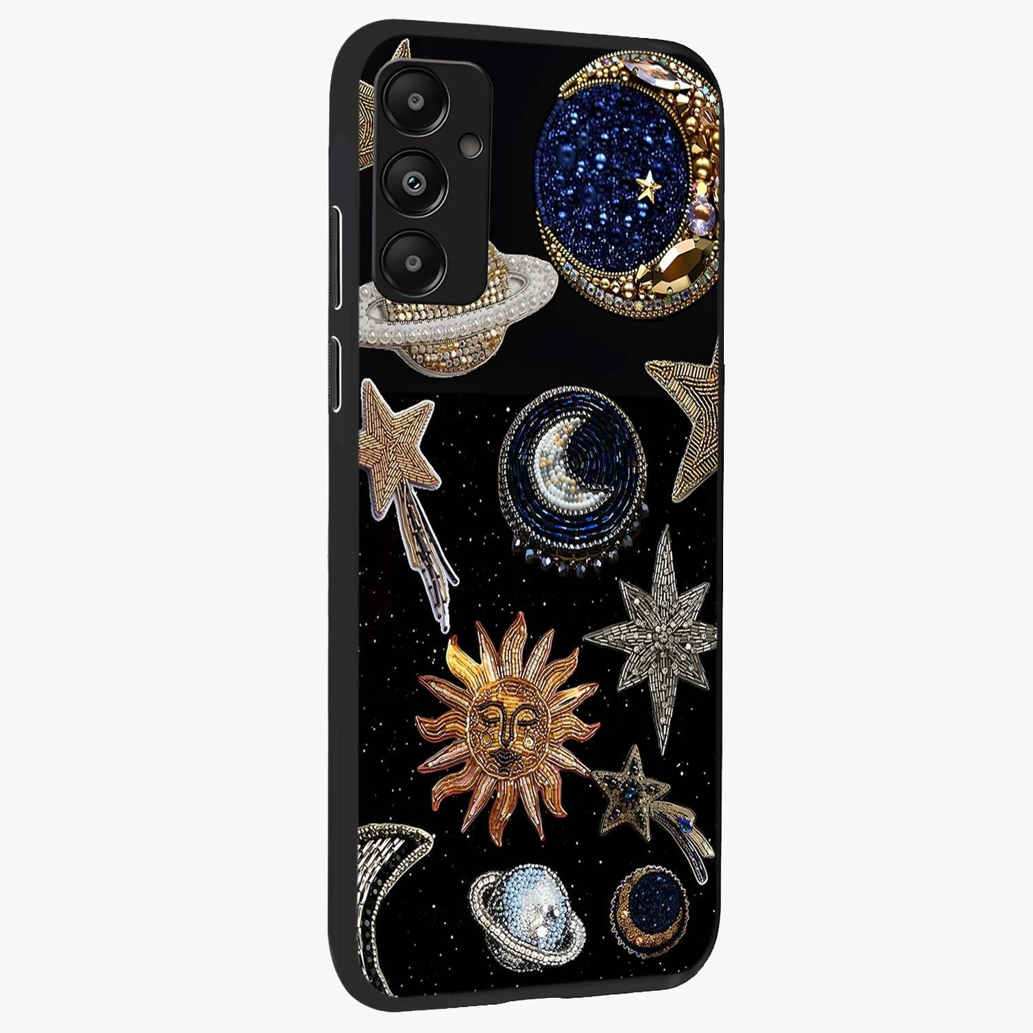 Celestial Gem Constellations Glass Case upright view showcasing cosmic constellation artwork with celestial aesthetic style.