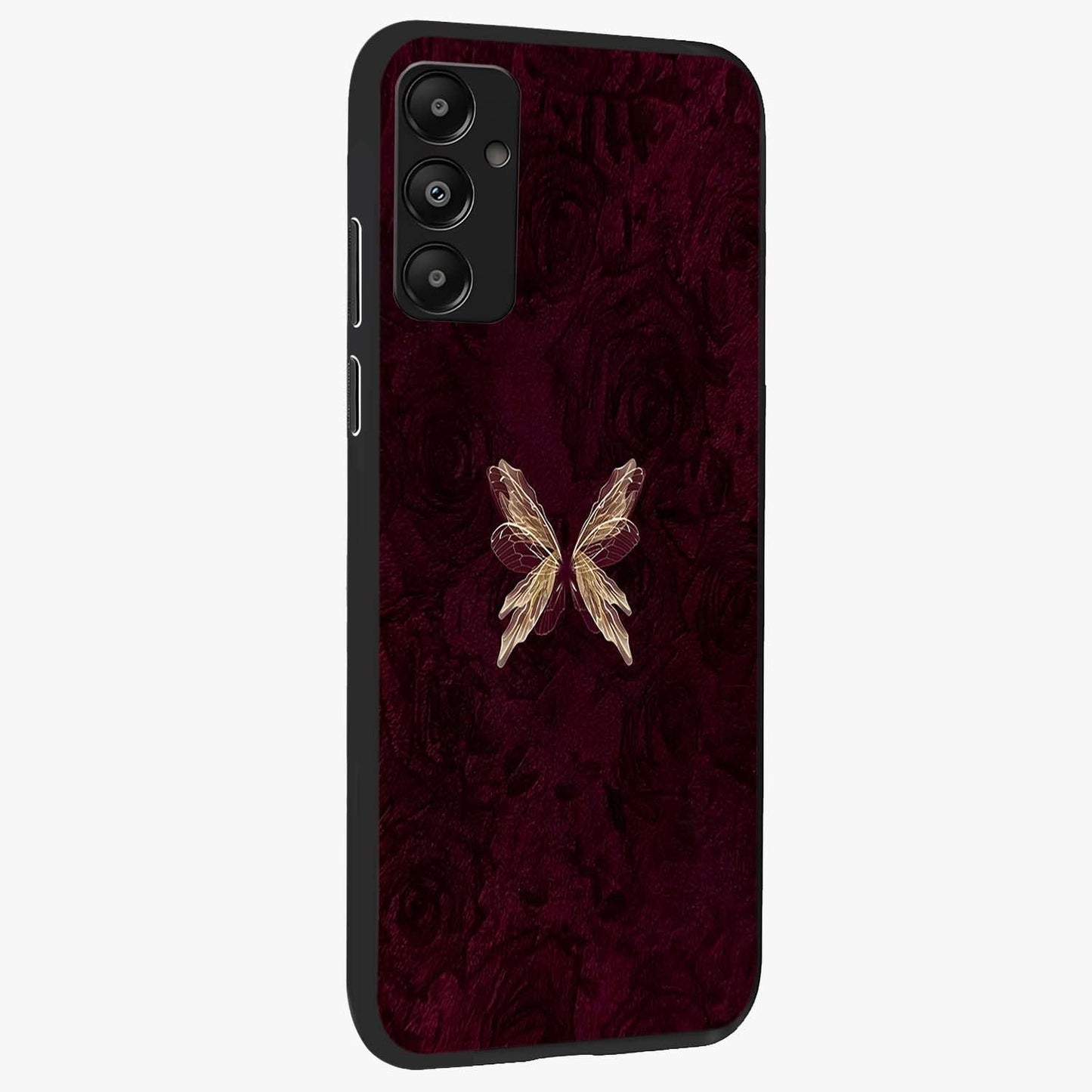 Crimson Fade Butterfly Glass Case upright view showcasing graceful butterfly artwork with soft crimson fade effect.