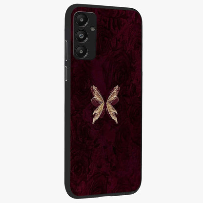 Crimson Fade Butterfly Glass Case upright view showcasing graceful butterfly artwork with soft crimson fade effect.