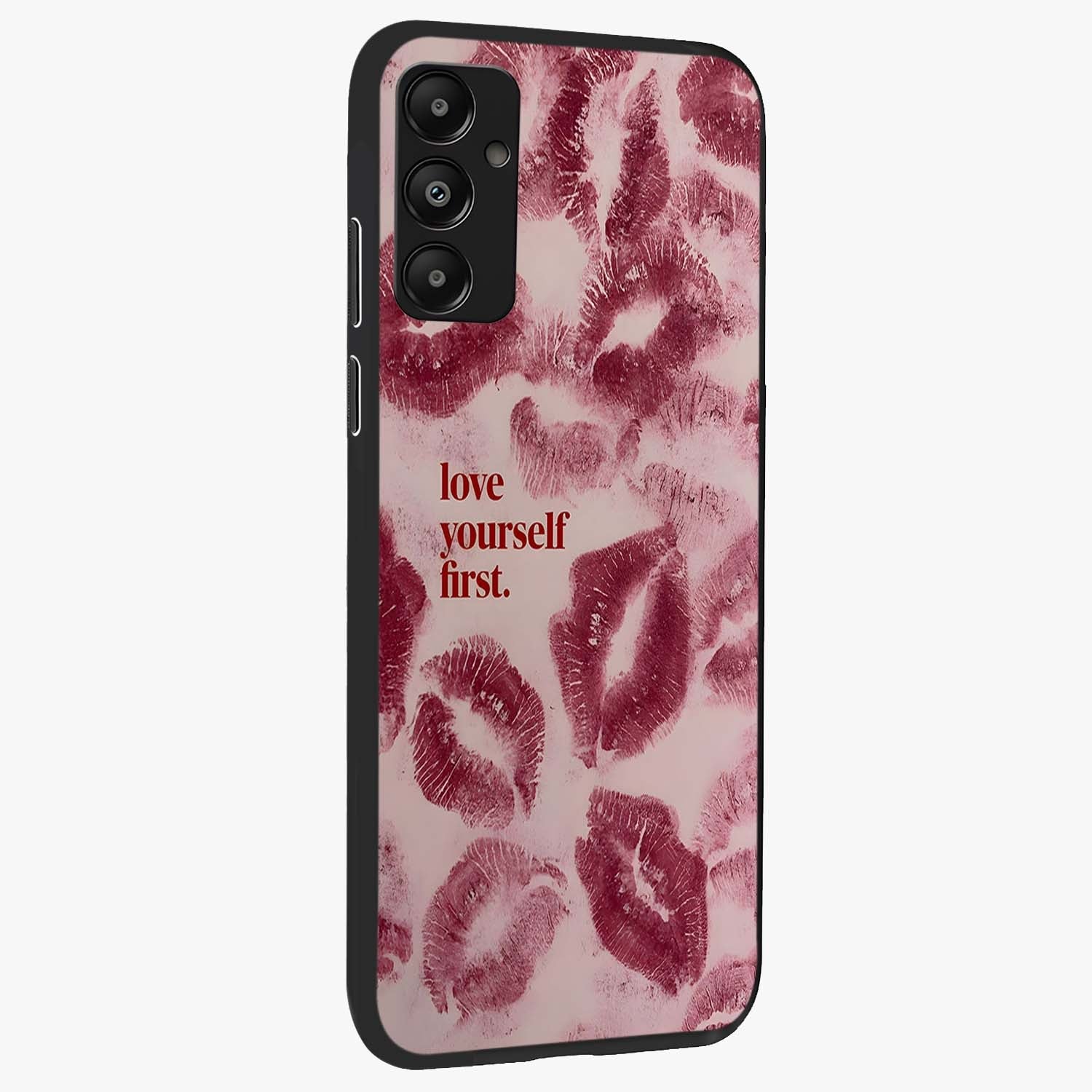 Crimson Kiss Love Glass Case upright view showcasing expressive romantic artwork with deep crimson theme.
