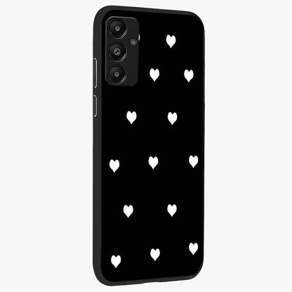 Cute And Simple White Hearts Glass Case upright view showcasing simple white hearts artwork with soft minimal theme.