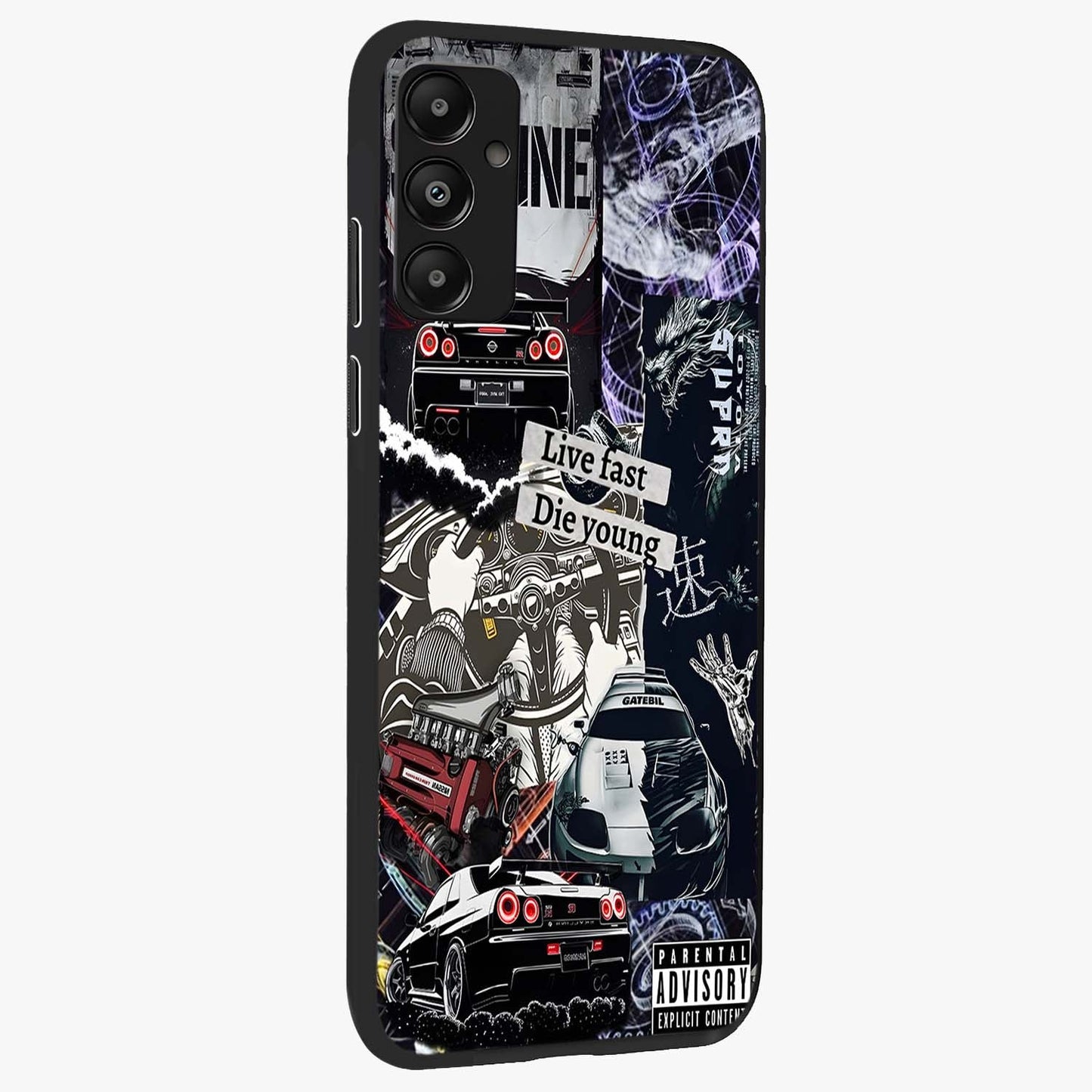 Die Young Glass Case upright view showcasing striking typography artwork with modern statement theme.
