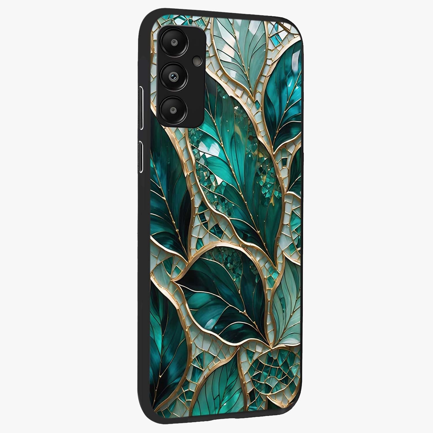 Emerald Leaf Glass Glass Case upright view showcasing fresh green leaf artwork with calming nature inspired style.