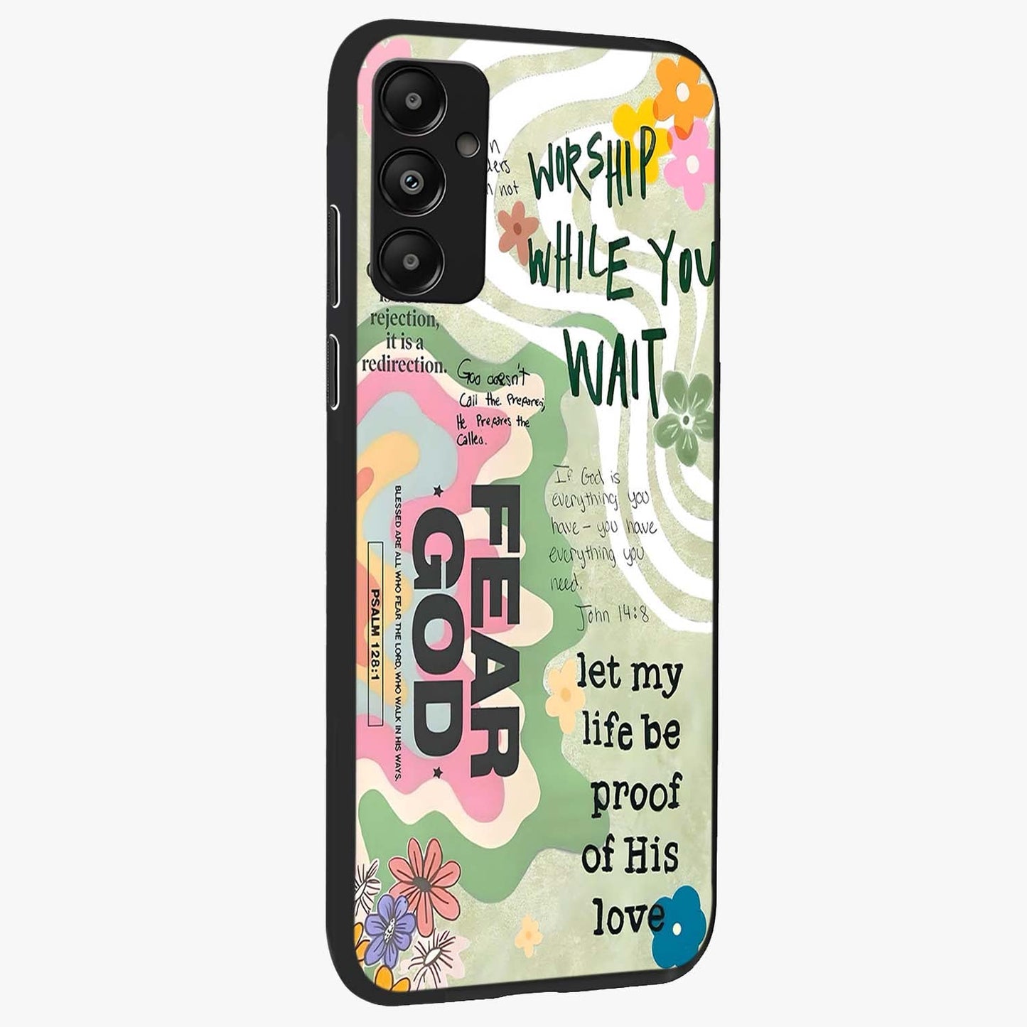 Faith Over Fear Glass Case upright view showcasing bold typography artwork with uplifting motivational theme.