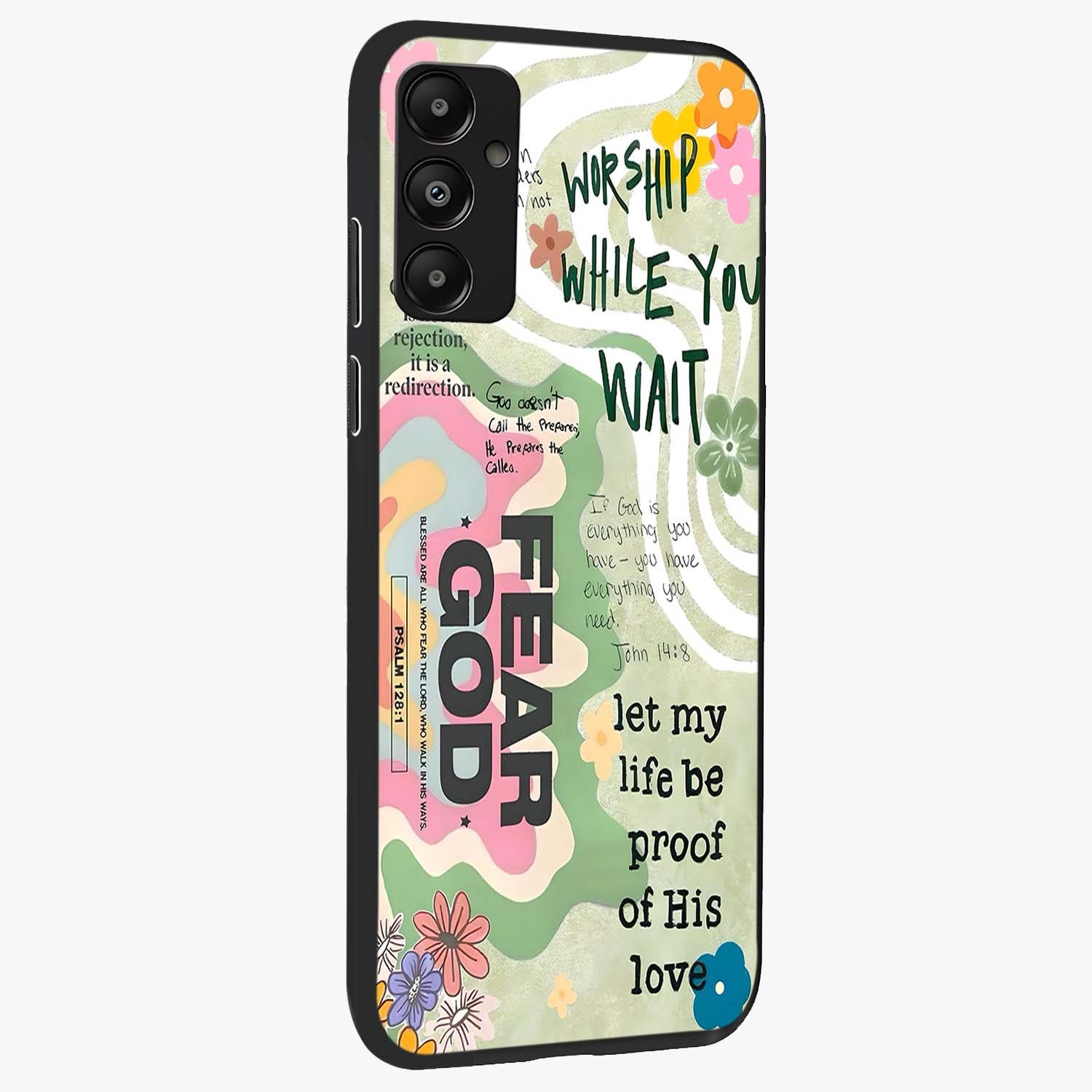 Faith Over Fear Glass Case upright view showcasing bold typography artwork with uplifting motivational theme.