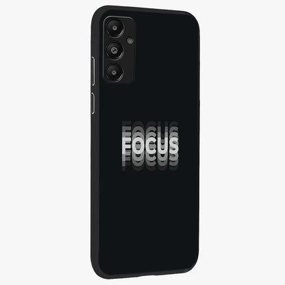 Focus Mode On Glass Case upright view showcasing strong typography statement with sleek motivational theme.