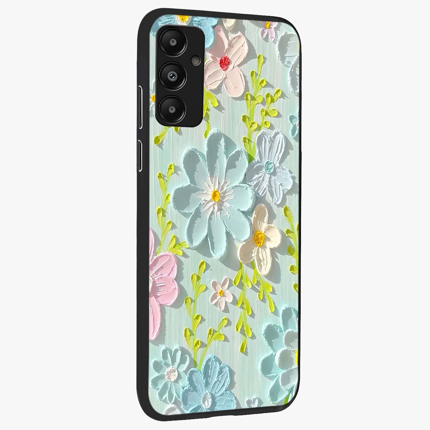 Frosted Petal Garden Glass Case upright view showcasing elegant floral garden artwork with soothing pastel theme.