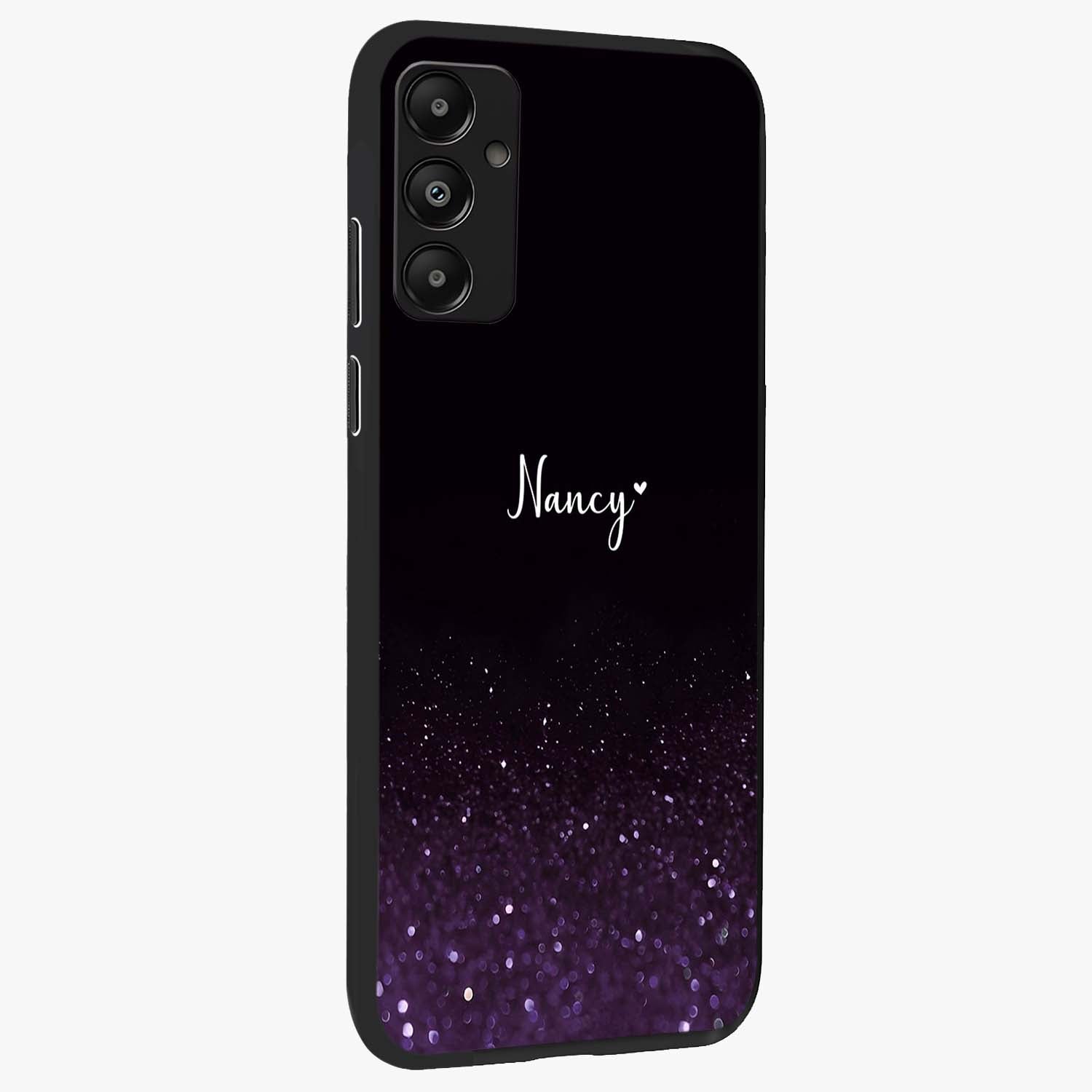 Glittery Purple Bokeh Custom Name Glass Case upright view showcasing vibrant purple sparkle artwork with personalized aesthetic style.