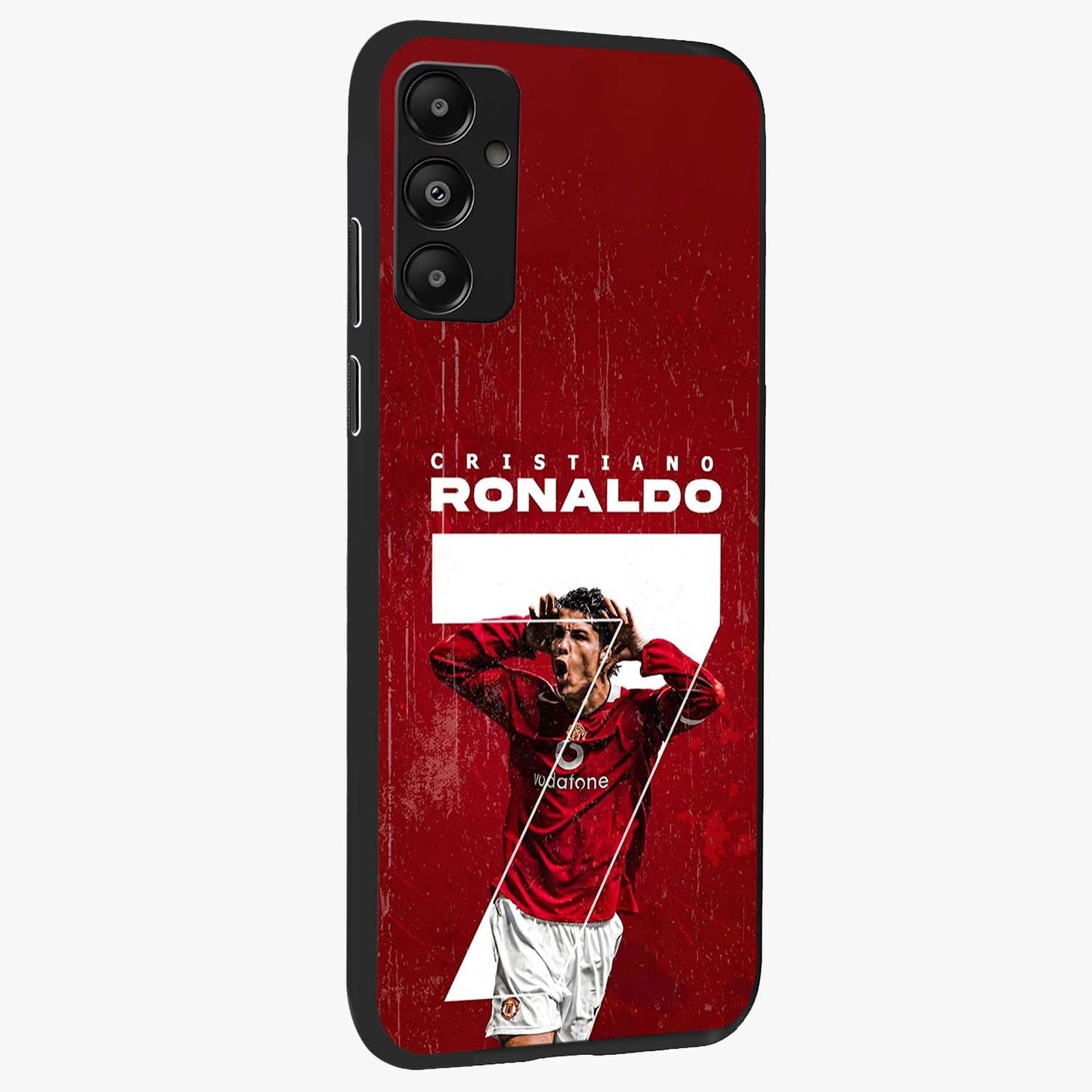 Goal Celebration Legacy Glass Case upright view showcasing dynamic football inspired artwork with victory celebration aesthetic.