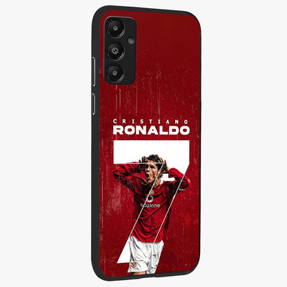 Goal Celebration Legacy Glass Case upright view showcasing dynamic football inspired artwork with victory celebration aesthetic.