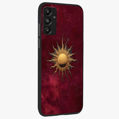 Golden Sun Minimalism Glass Case upright view showcasing simple golden sun artwork with elegant minimalist style.