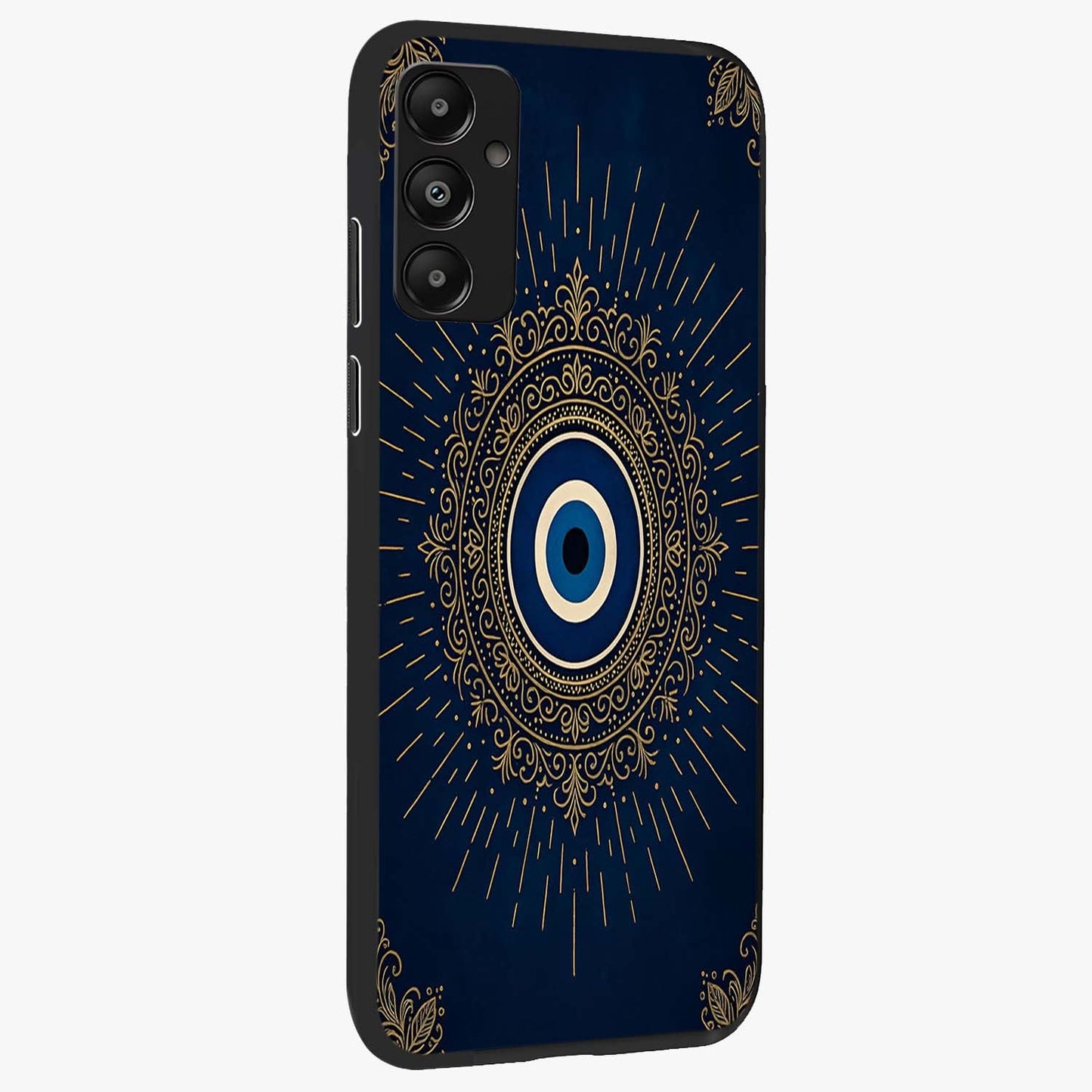 Golden Celestial Charm Glass Case upright view showcasing radiant celestial artwork with elegant golden theme.