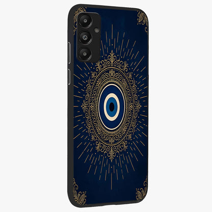 Golden Celestial Charm Glass Case upright view showcasing radiant celestial artwork with elegant golden theme.