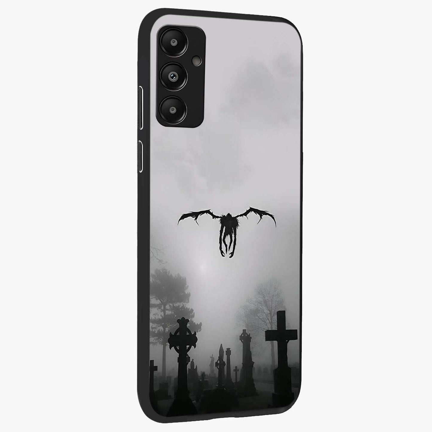 Graveyard Shadow Descent Glass Case upright view showcasing haunting graveyard artwork with dramatic dark theme.
