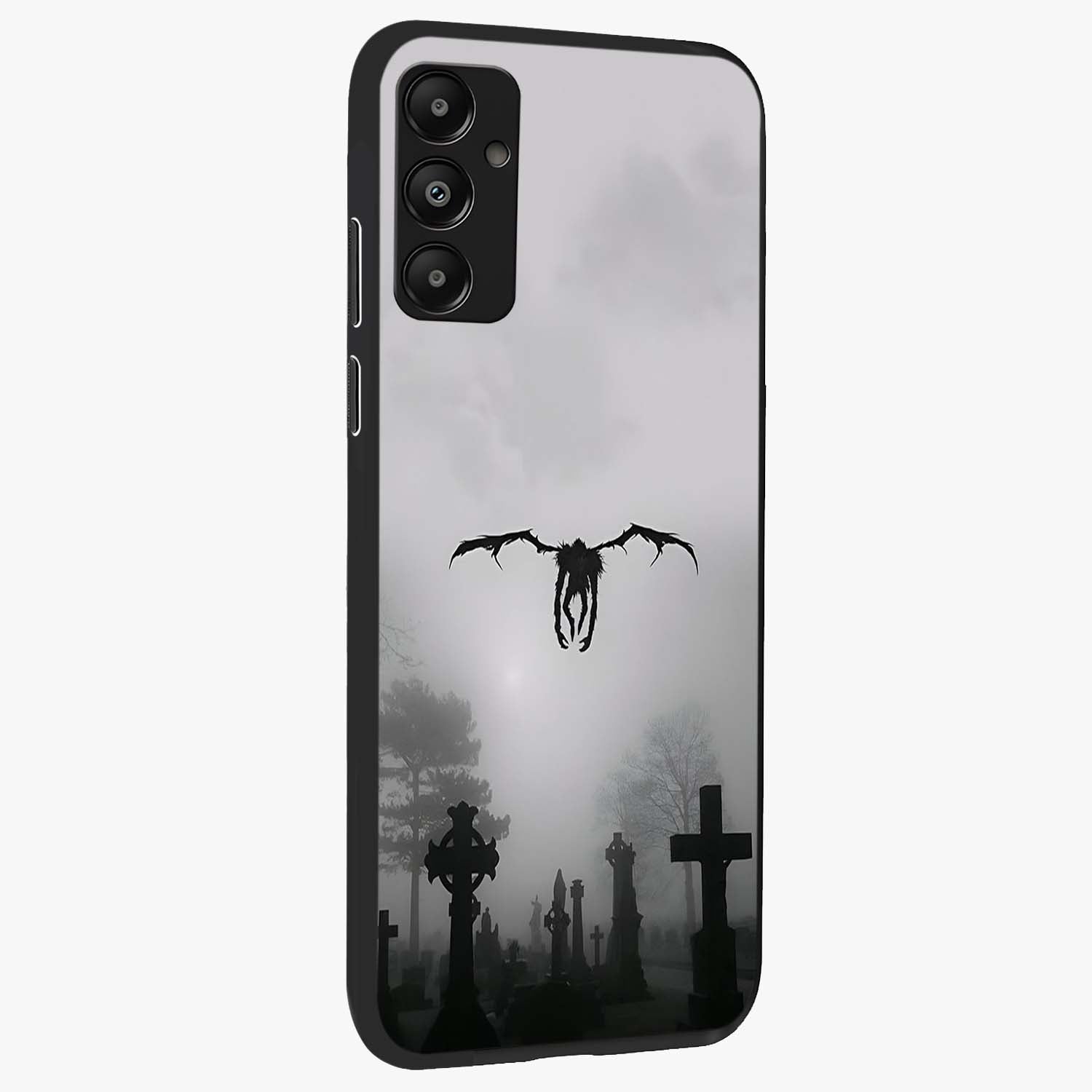 Graveyard Shadow Descent Glass Case upright view showcasing haunting graveyard artwork with dramatic dark theme.