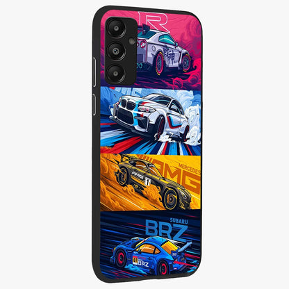 JDM Sports Car Glass Case upright view showcasing dynamic sports car artwork with bold racing theme.