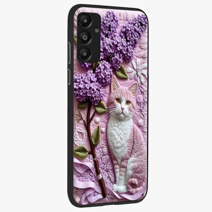 Lavender Cat Whimsy Glass Case upright view showcasing charming cat artwork with whimsical lavender theme.
