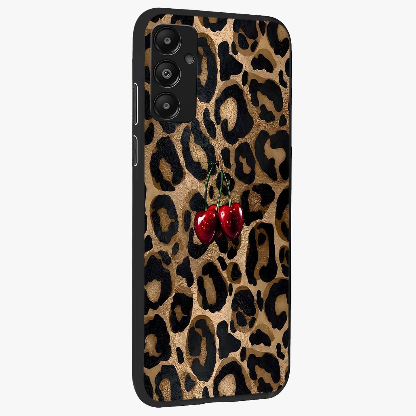 Leopard Wild Cherry Glass Case upright view showcasing stylish leopard pattern artwork with trendy fashion theme.