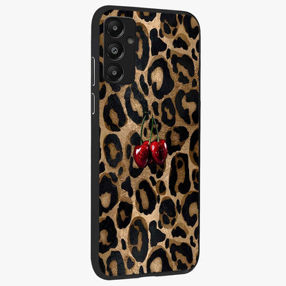 Leopard Wild Cherry Glass Case upright view showcasing stylish leopard pattern artwork with trendy fashion theme.